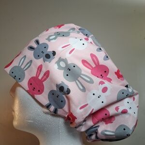 NEW Bunny Print EURO Style Surgical Scrub Cap - Pink and Gray